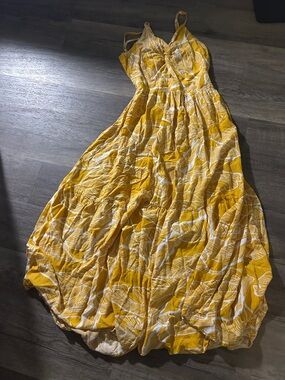Yellow Printed Maxi Sundress with Spaghetti Straps